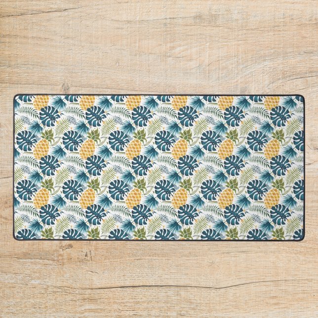 Tropical palm leaves golden pineapple white blue desk mat (Creator Uploaded)