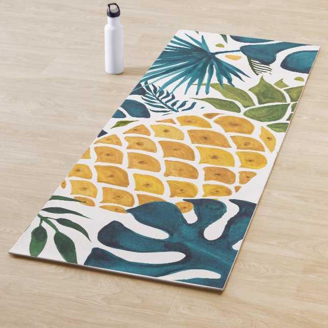 Tropical palm leaves golden pineapple white blue yoga mat (In Situ)