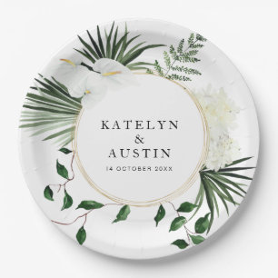 tropical palm leaves greenery floral wedding  paper plate