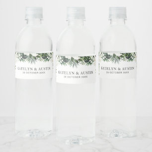 tropical palm leaves greenery floral wedding water bottle label