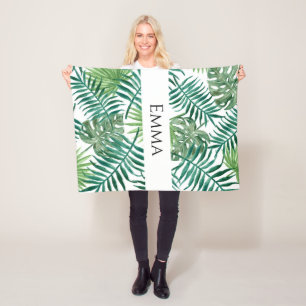 Tropical Palm Leaves Greenery Name Fleece Blanket