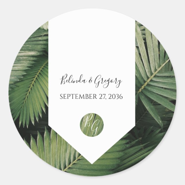 Tropical Palm Leaves Greenery Wedding Classic Round Sticker (Front)