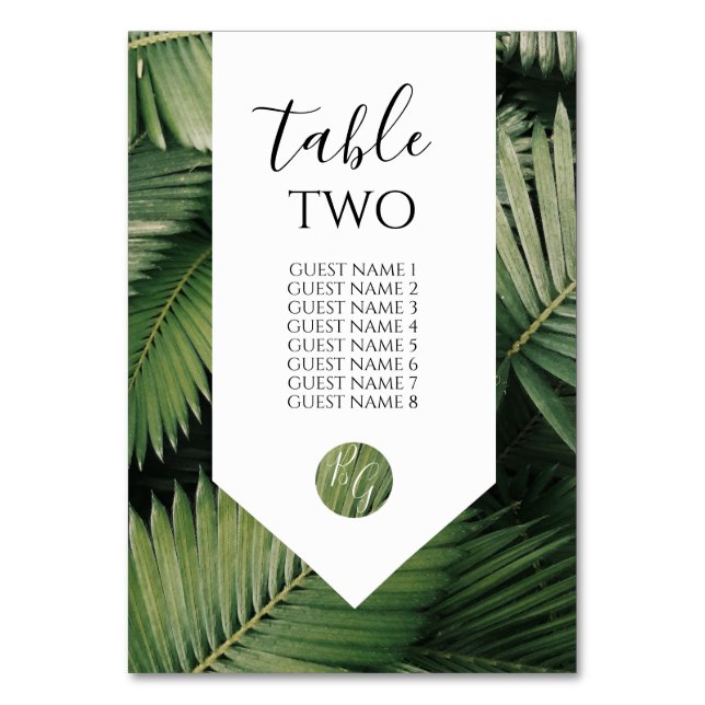 Tropical Palm Leaves Greenery Wedding Guest Names Table Number (Front)