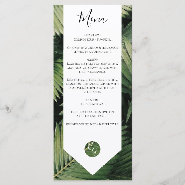 Tropical Palm Leaves Greenery Wedding  Menu (Front)