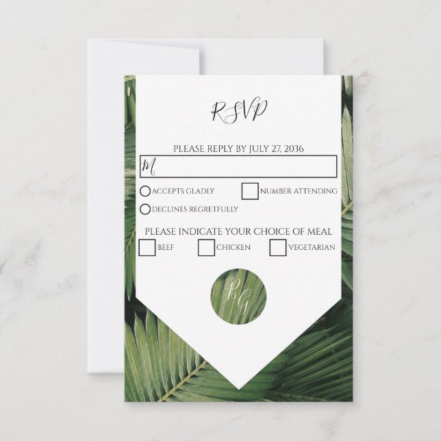 Tropical Palm Leaves Greenery Wedding RSVP Cards (Front)