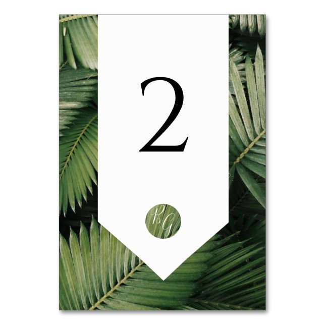 Tropical Palm Leaves Greenery Wedding Table Number (Front)