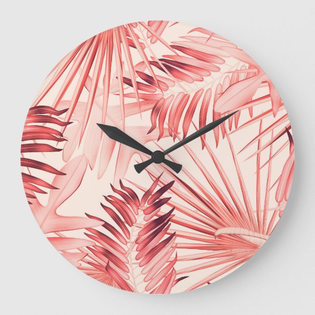 Tropical Palm Leaves, Hawaiian Stylish Pattern. Large Clock (Front)