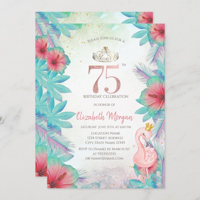 Tropical Palm Leaves Hibiscus Pink Flamingo 75th  Invitation (Front/Back)