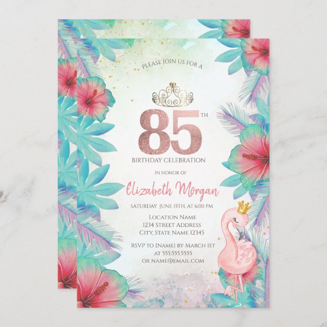 Tropical Palm Leaves Hibiscus Pink Flamingo 85th Invitation (Front/Back)