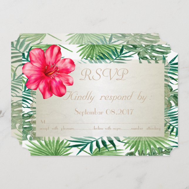 Tropical Palm Leaves,Hibiskus  Wedding  RSVP Card (Front/Back)