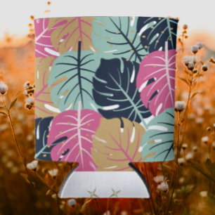 Tropical Palm Leaves in Pink & Blue   Beverage  Can Cooler