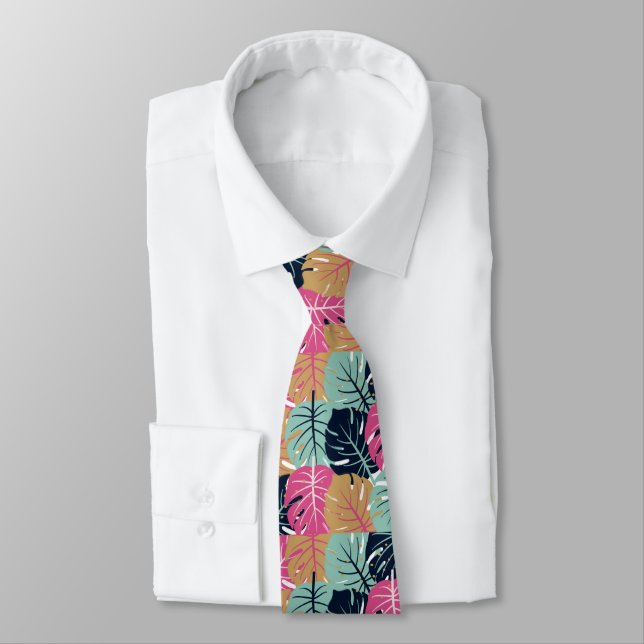 Tropical Palm Leaves in Pink & Blue | Botanical Tie (Tied)