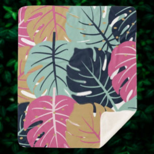 Tropical Palm Leaves in Pink & Blue Cosy Sherpa Blanket