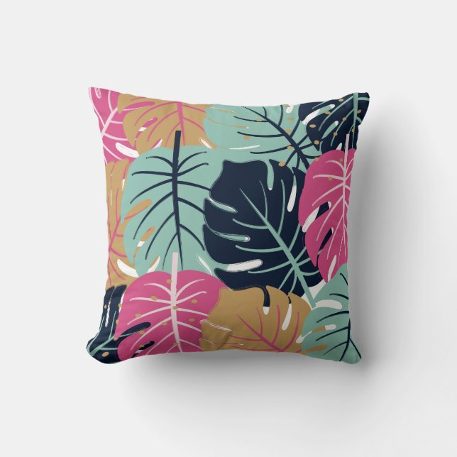 Tropical Palm Leaves in Pink & Blue | Decorative  Cushion (Front)