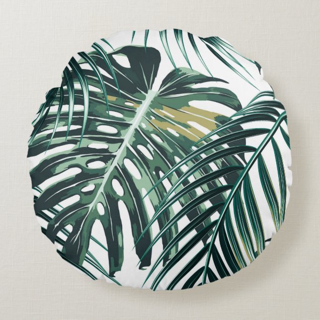 Tropical palm leaves, jungle leaves seamless flora round cushion (Front)