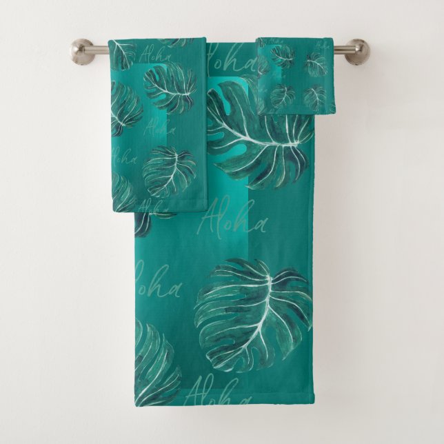 Tropical palm leaves modern teal aloha script bath towel set (Insitu)