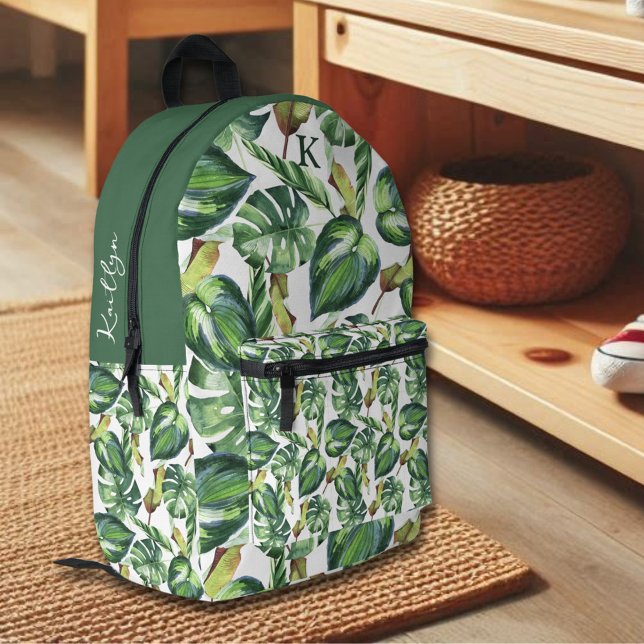 Tropical Palm Leaves Monogram Name Printed Backpack (Creator Uploaded)