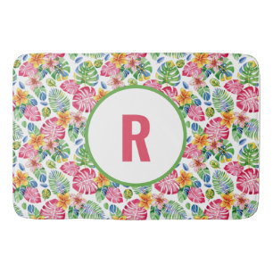 Tropical Palm Leaves Monogram pink green  Bath Mat