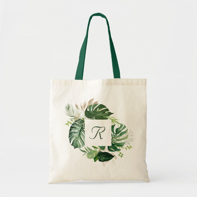 Tropical Palm Leaves Monogram Tote Bag (Front)