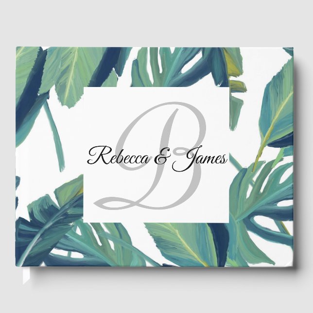 Tropical Palm Leaves Monogram Wedding Guest Book (Front)