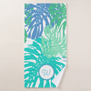Tropical palm leaves monogrammed bath towel set