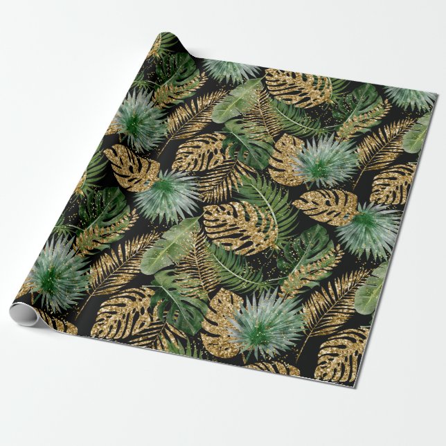 Tropical Palm Leaves Monstera Faux Gold Glitter Wrapping Paper (Unrolled)