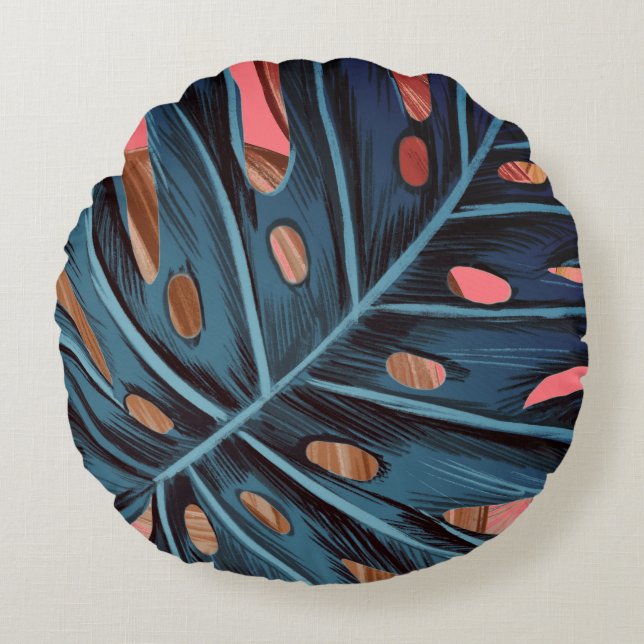 Tropical palm leaves monstera modern round cushion (Front)