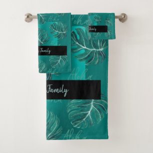 Tropical palm leaves name personalised modern bath towel set
