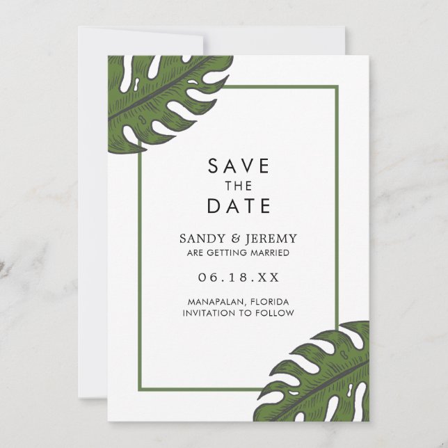 Tropical Palm Leaves Non Photo Wedding Save The Date (Front)