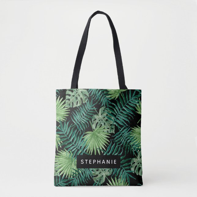 Tropical Palm Leaves on Black Personalised Tote Bag (Front)