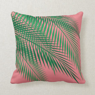 Tropical Palm Leaves on Coral Sky Cushion