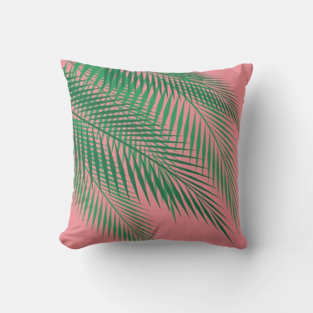 Tropical Palm Leaves on Coral Sky - Outdoor Outdoor Cushion (Front)