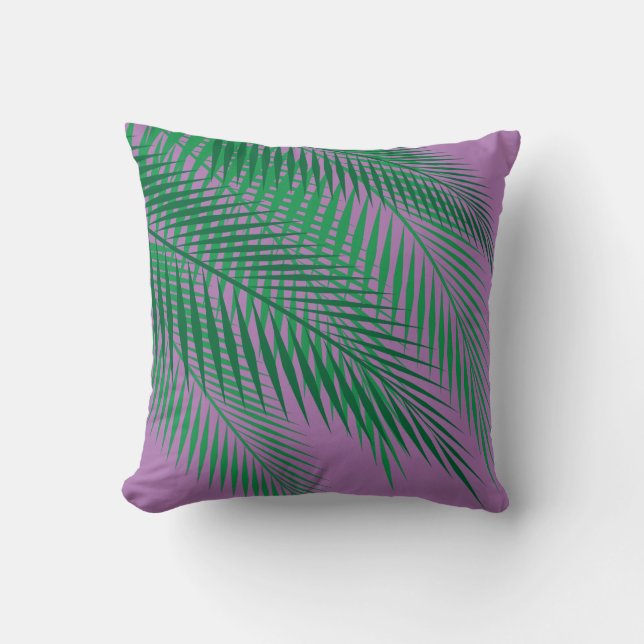 Tropical Palm Leaves on Purple Cushion (Front)