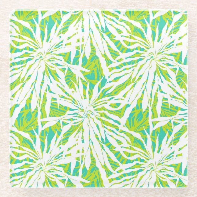 Tropical Palm Leaves Pattern Glass Coaster (Front)