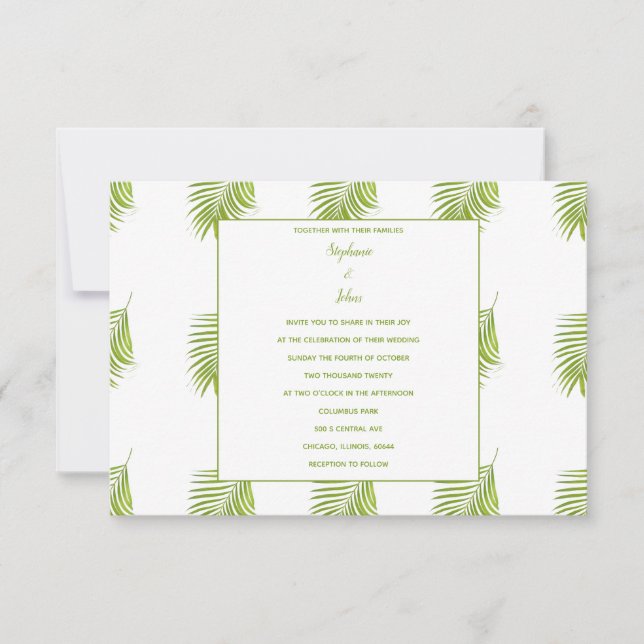 Tropical Palm Leaves Pattern Green White  Wedding Invitation (Front)