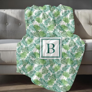 Tropical Palm Leaves Pattern Monogrammed Fleece Blanket