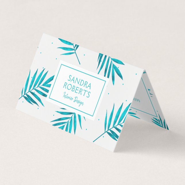 Tropical palm leaves pattern turquoise and white business card (Front)