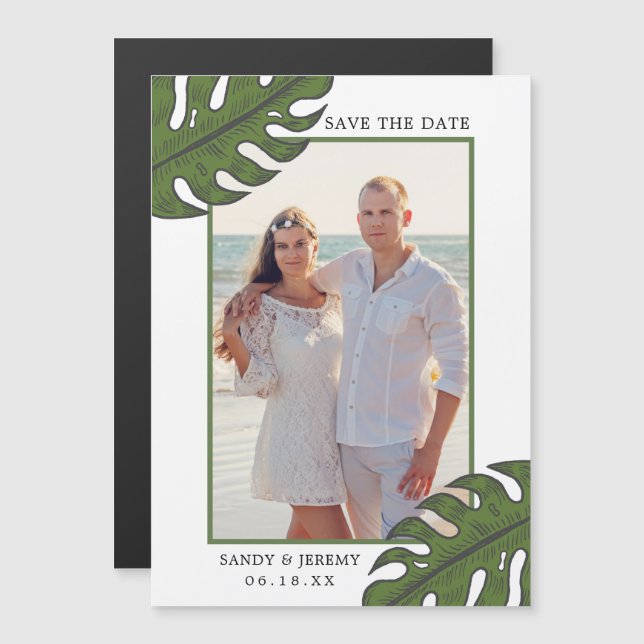 Tropical Palm Leaves Photo Wedding Save the Date Magnetic Invitation (Front/Back)