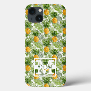 Tropical Palm Leaves & Pineapples Add Your Name iPhone 13 Case