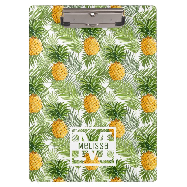 Tropical Palm Leaves & Pineapples | Add Your Name Clipboard (Front)
