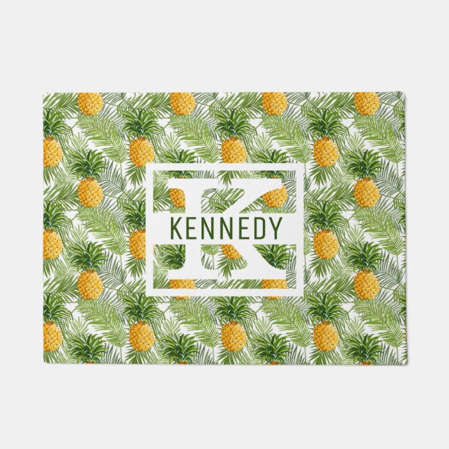 Tropical Palm Leaves & Pineapples | Add Your Name Doormat (Front)