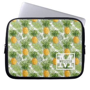 Tropical Palm Leaves & Pineapples   Add Your Name Laptop Sleeve