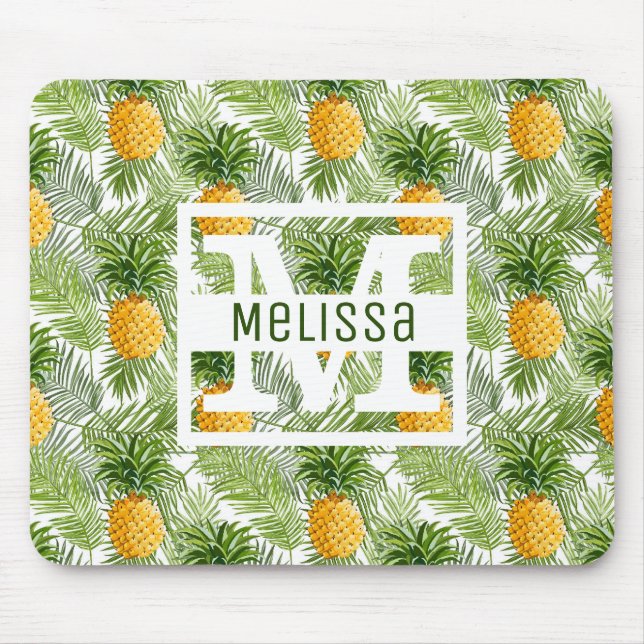 Tropical Palm Leaves & Pineapples | Add Your Name Mouse Pad (Front)