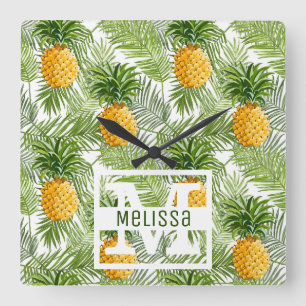 Tropical Palm Leaves & Pineapples Add Your Name Square Wall Clock