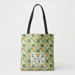 Tropical Palm Leaves & Pineapples Add Your Name Tote Bag