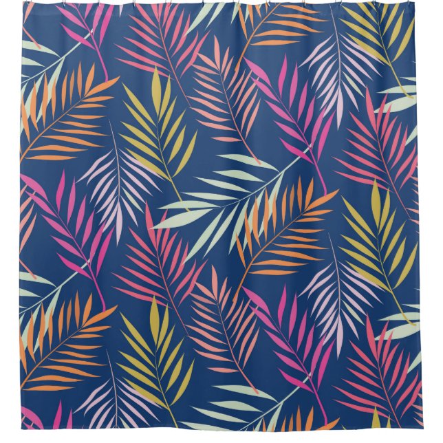 Tropical Palm leaves Pink Coral Blue  Shower Curtain (Front)