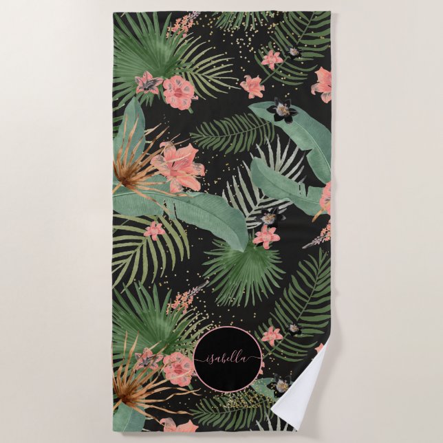 Tropical Palm Leaves Pink Floral Monogram Black Ba Beach Towel (Front)