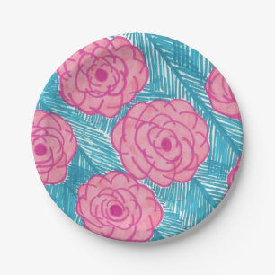 Tropical Palm Leaves & Pink Flowers Paper Plates