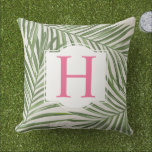 Tropical Palm Leaves Pink Monogram Cushion<br><div class="desc">Tropical style pillow design features a green palm leaf pattern of layered fronds with subtle linen style background. White decorative frame has a monogram letter in bright pink (can be customised) that you can personalise with your last name initial.</div>