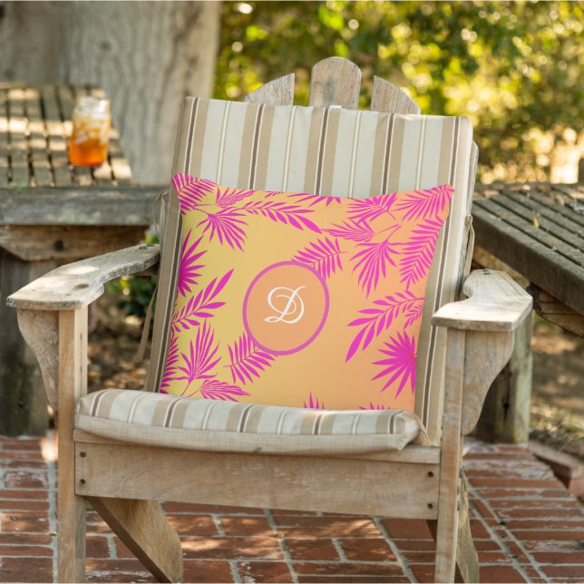 tropical palm leaves pink orange cushion (Chair)